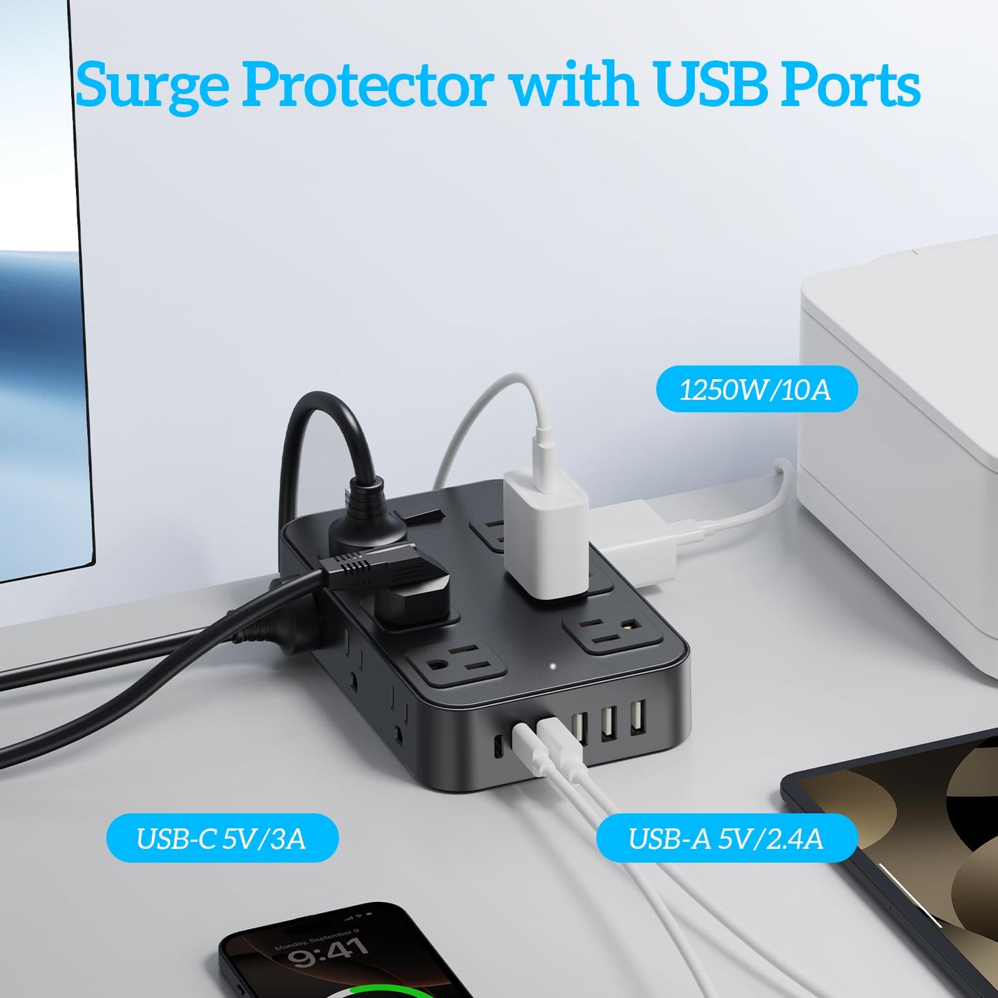 Solidock Flat Plug Power Strip Surge Protector 5 Ft Extension Cord with 12 AC Outlets 6 USB Ports 3 Side Multi Plug Outlet Extender Home Office