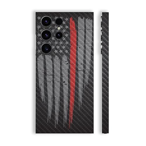 MightySkins Carbon Fiber Skin Compatible with Samsung Galaxy S23 Ultra Full Wrap - Thin Red Line | Protective, Durable Textured Carbon Fiber Finish…