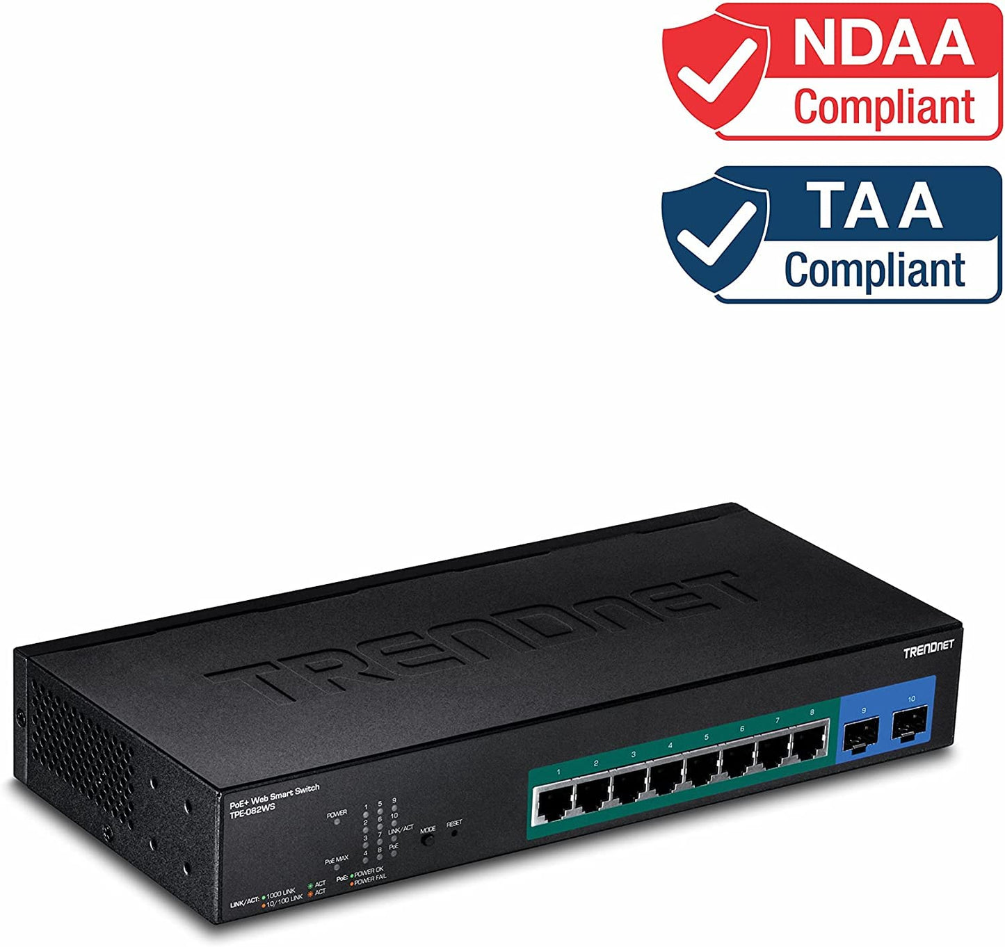 TRENDnet 10-Port Gigabit Web Smart PoE+ Switch, 8 x Gigabit PoE+ Ports, 2 x SFP Slots, Vlan, QoS, IPv6 Support, 20Gbps Switching Capacity, 75W PoE