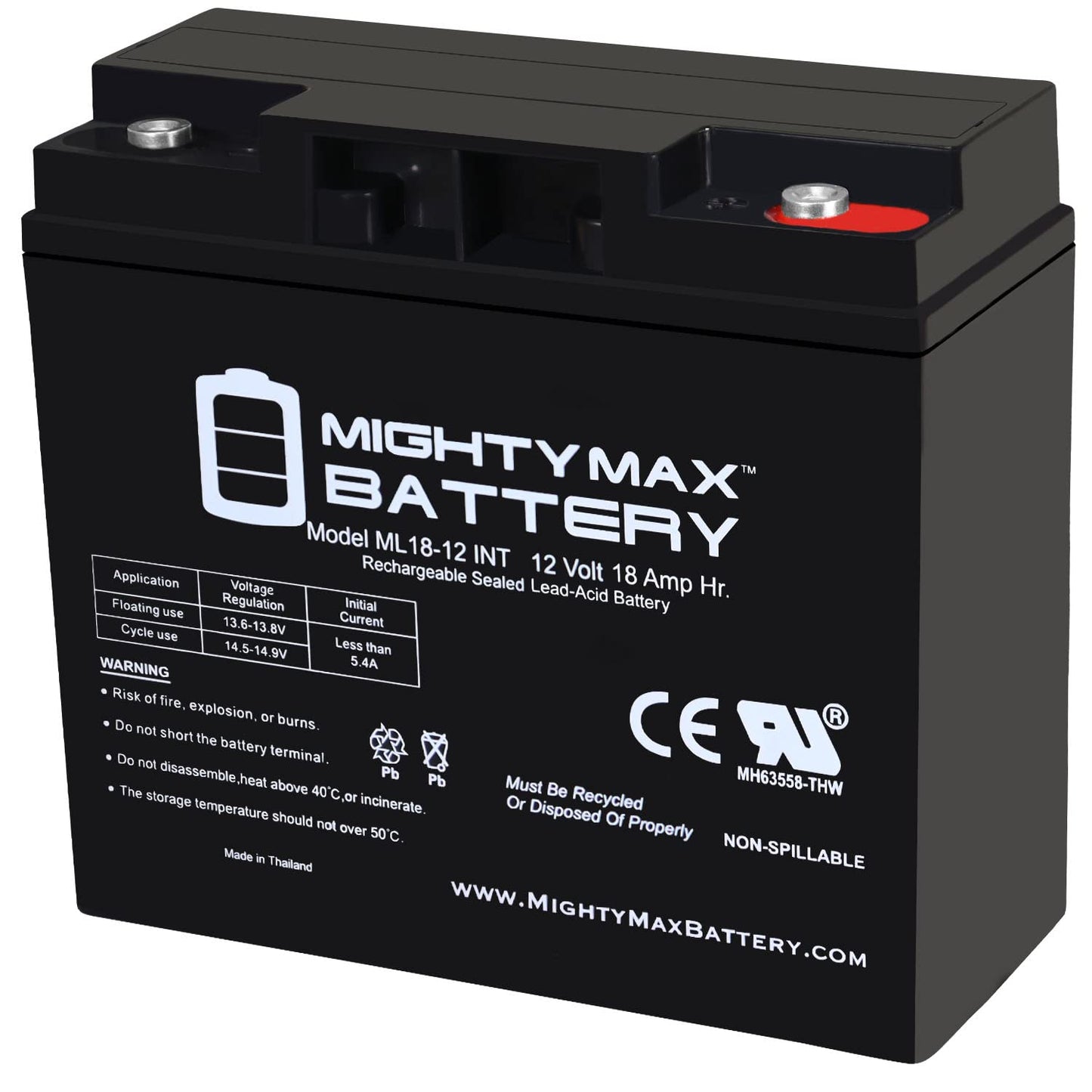Mighty Max Battery ML18-12INT - 12 Volt 18 AH, Internal Thread (INT) Terminal, Rechargeable SLA AGM Battery