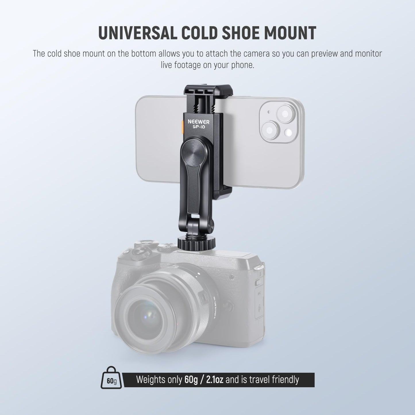 Neewer Basic Phone Tripod Mount Holder with 1/4" Thread & Cold Shoe, 2.36"-3.54"/6-9cm 360° Rotatable Camera Mount Cellphone Clamp for iPhone 15 14 13