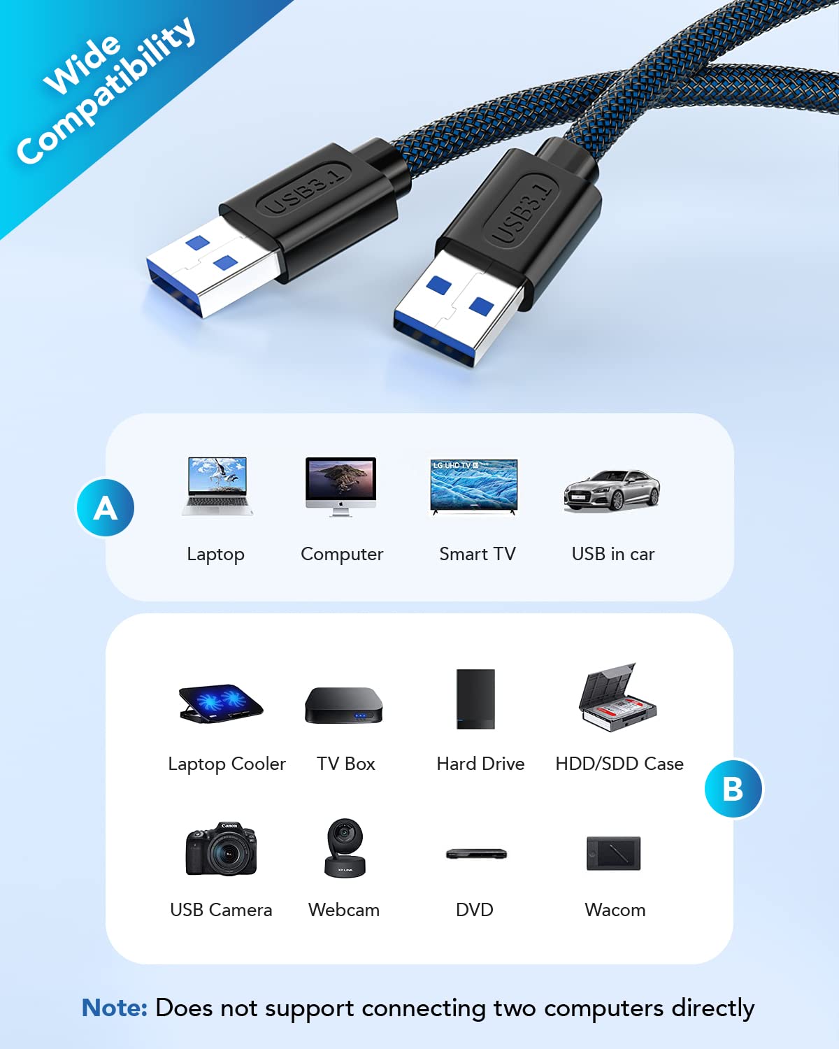 ANDTOBO USB 3.0 A to A, 3.3 FT, Male to Male Cable Double End USB Cord Compatible with Hard Drive Enclosures DVD Player Laptop Cooler - Blue