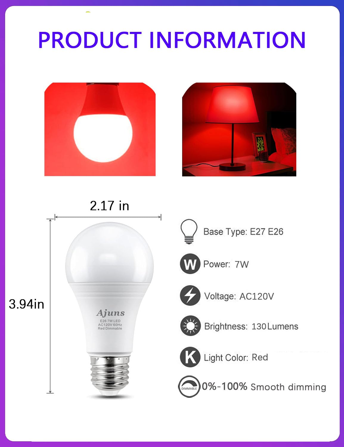 Ajuns LED Red Sleep Light Bulb Dimmable, 650nm Promoting Melatonin Red Bulb