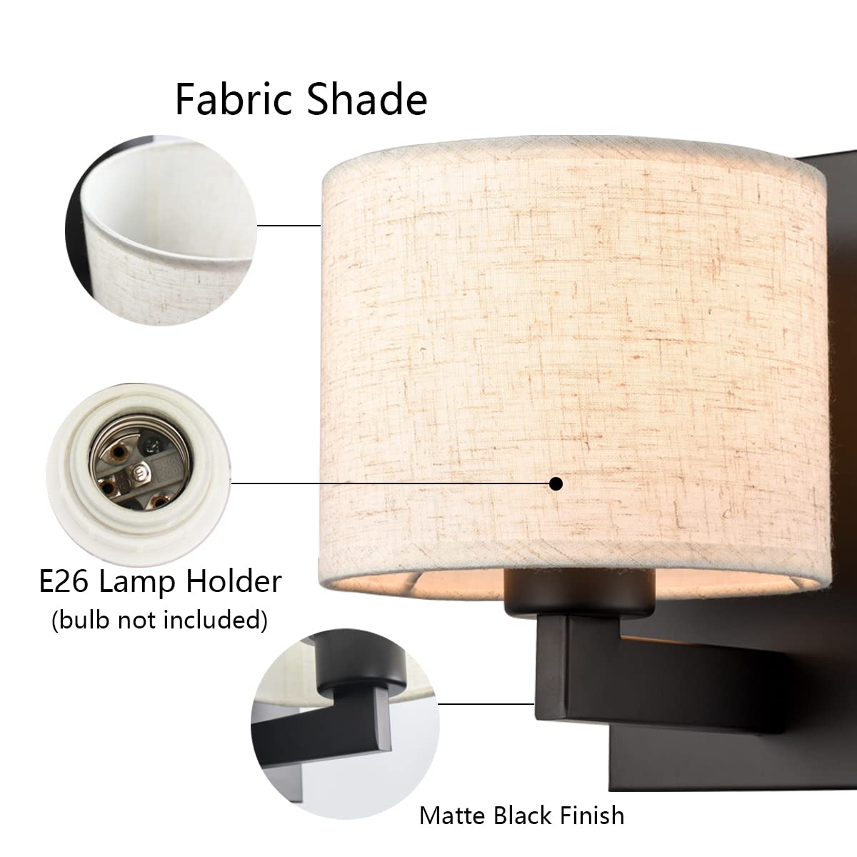 SAMTEEN Farmhouse Black Wall Sconces Set of Two Modern Fabric Shade Sconces Wall Lighting Black Wall Lamp with Drum Shade for Bedroom Bedside Living