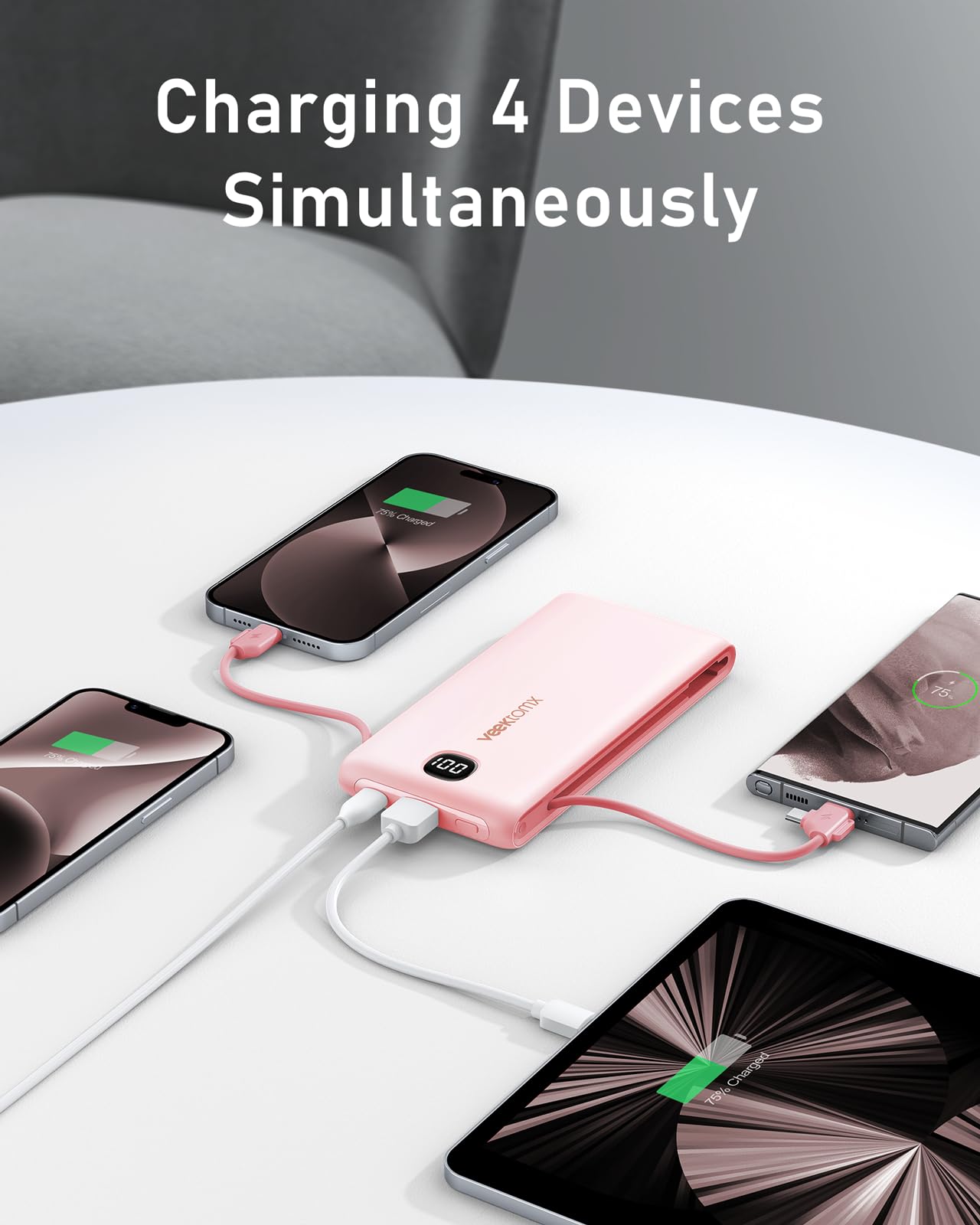 VEEKTOMX 10000mAh Portable Charger with Built-in Cables & Wall Plug