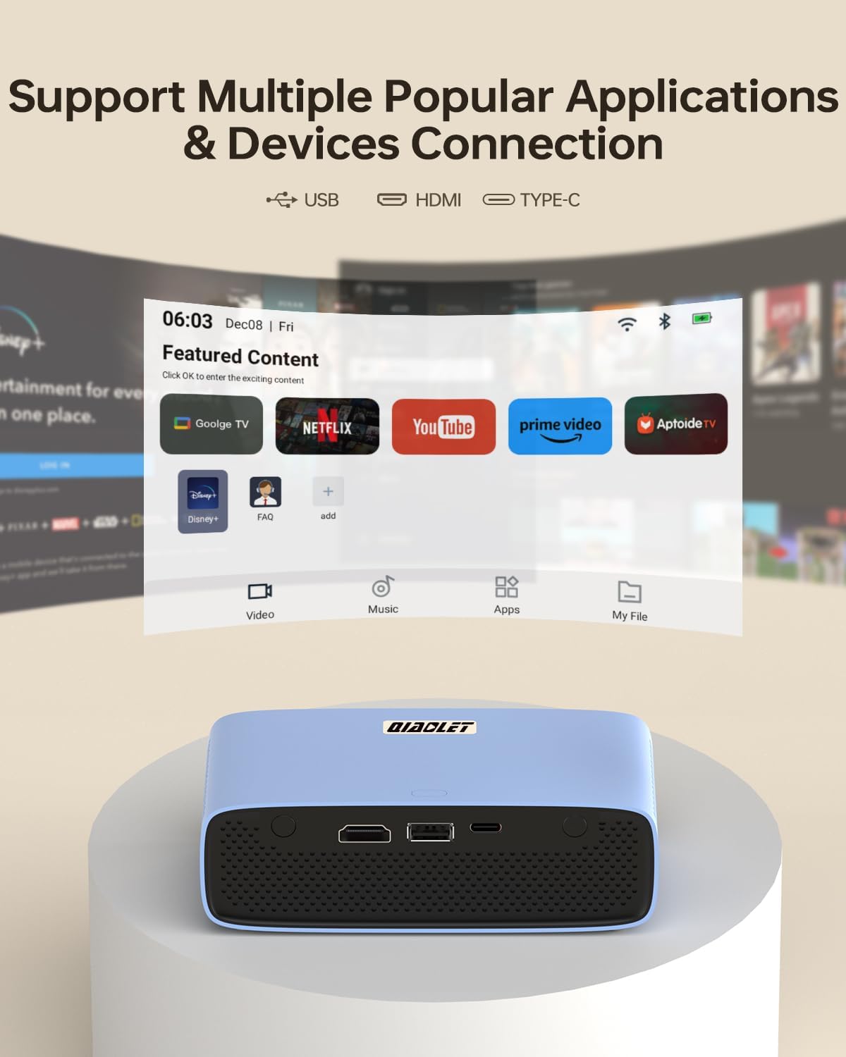 Ultra Mini Pocket Projector - DLP Smart Projector with WiFi and Bluetooth: Built in Battery/Apps/Speaker, 4K/1080p Support, Auto Focus & Keystone