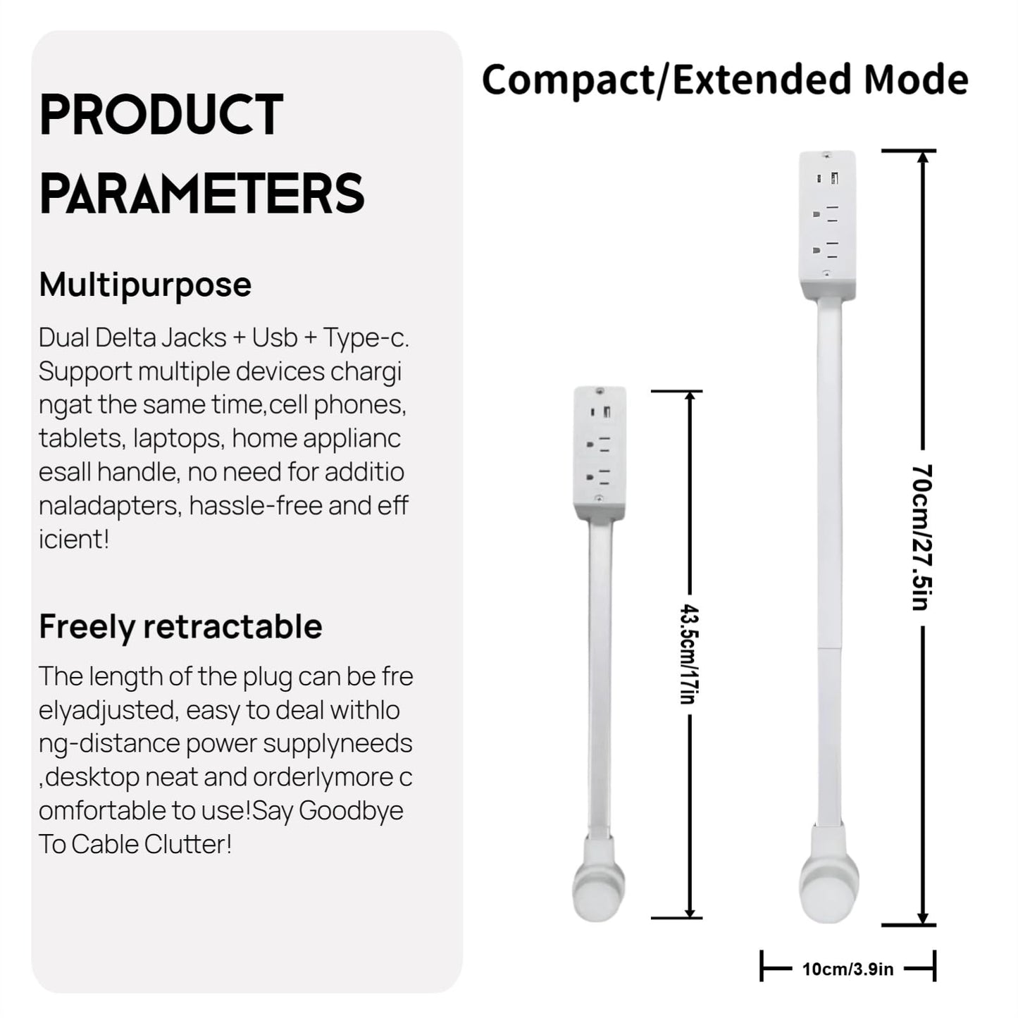 Extendable Power Strip with USB-A & USB-C, 2 Outlet Plug Extender with 180° Rotatable Plug, 22-27 Inch Retractable Outlet Extender Cord