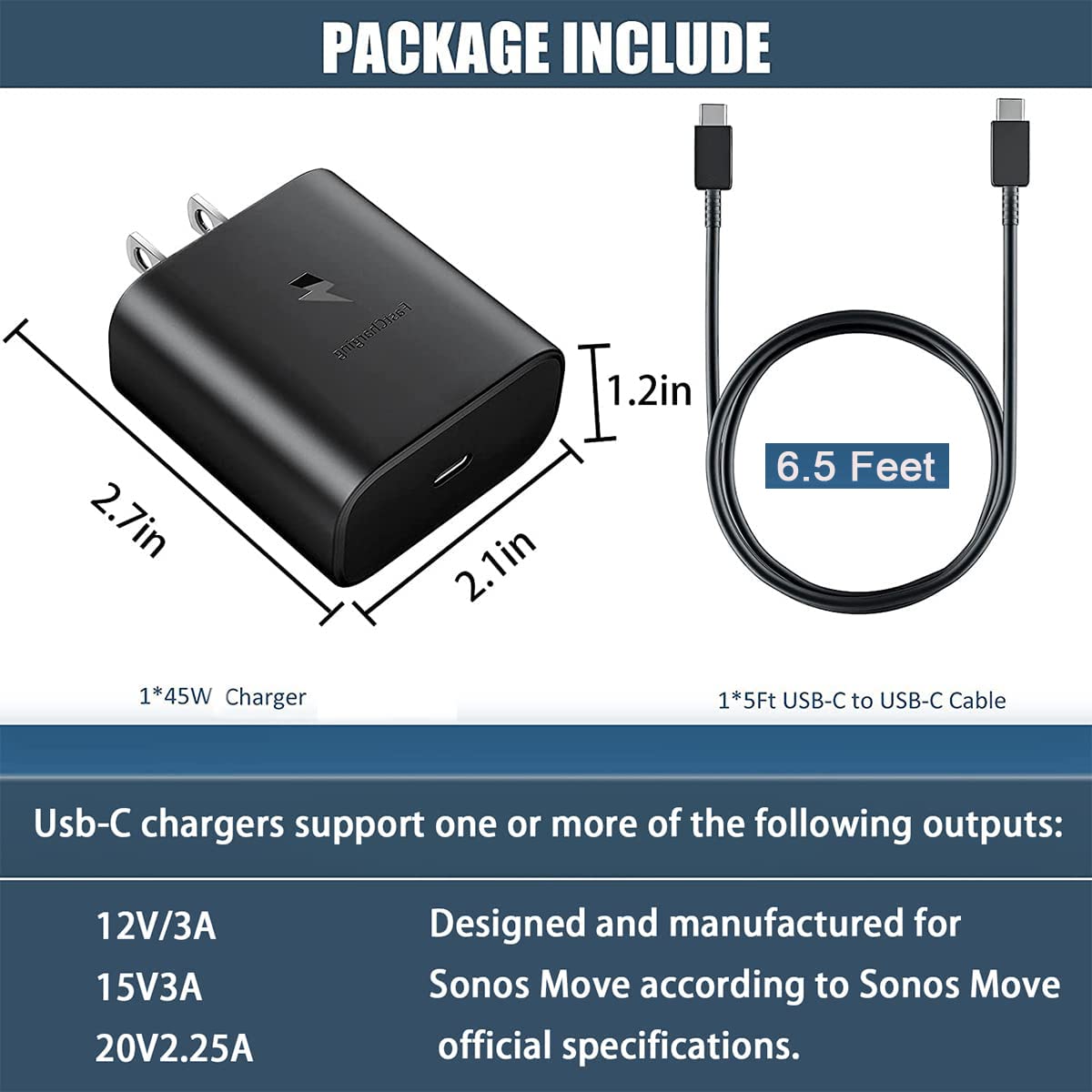 45W Charger for Sonos Move Bluetooth Speaker Compatible with Sonos Move USB Type C Wall Travel Charger (6.5Ft)
