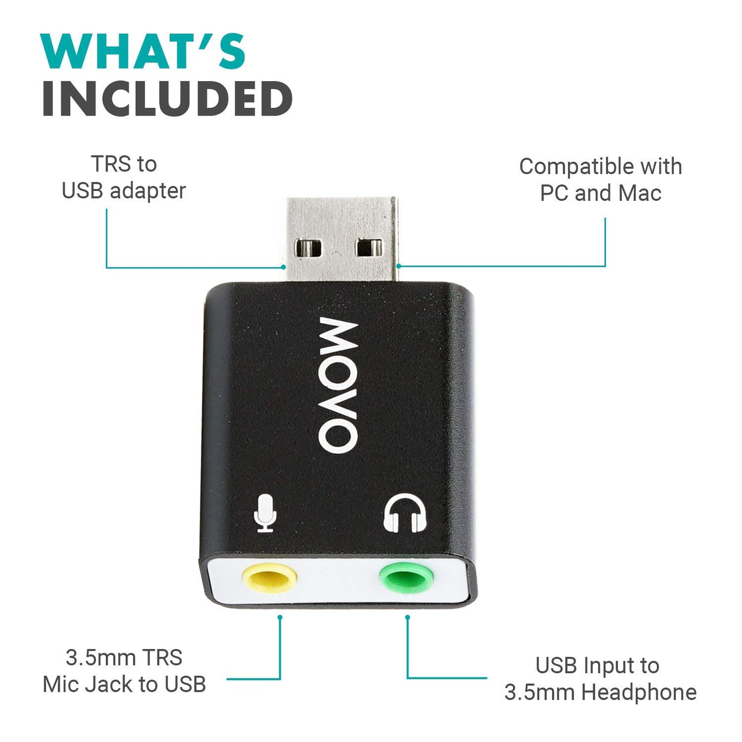Movo USB-AC 3.5mm TRS Microphone to USB 2.0 Stereo Audio External Sound Card Adapter for PC and Mac. USB Sound Card Adapter for Computer or Laptop