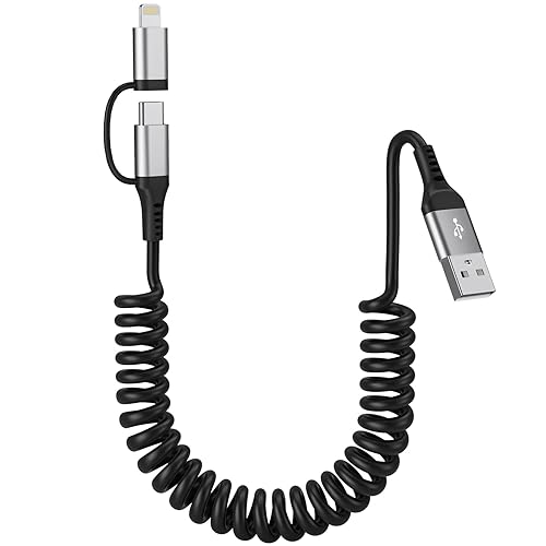 USB to USB-C and Lightning Cable Combo, 2 in 1 Coiled iPhone Charger Cable Apple Carplay & Android Auto, [MFi & 3A Fast Charge] Retractable Lightning…