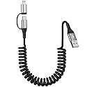 USB to USB-C and Lightning Cable Combo, 2 in 1 Coiled iPhone Charger Cable Apple Carplay & Android Auto, [MFi & 3A Fast Charge] Retractable Lightning…