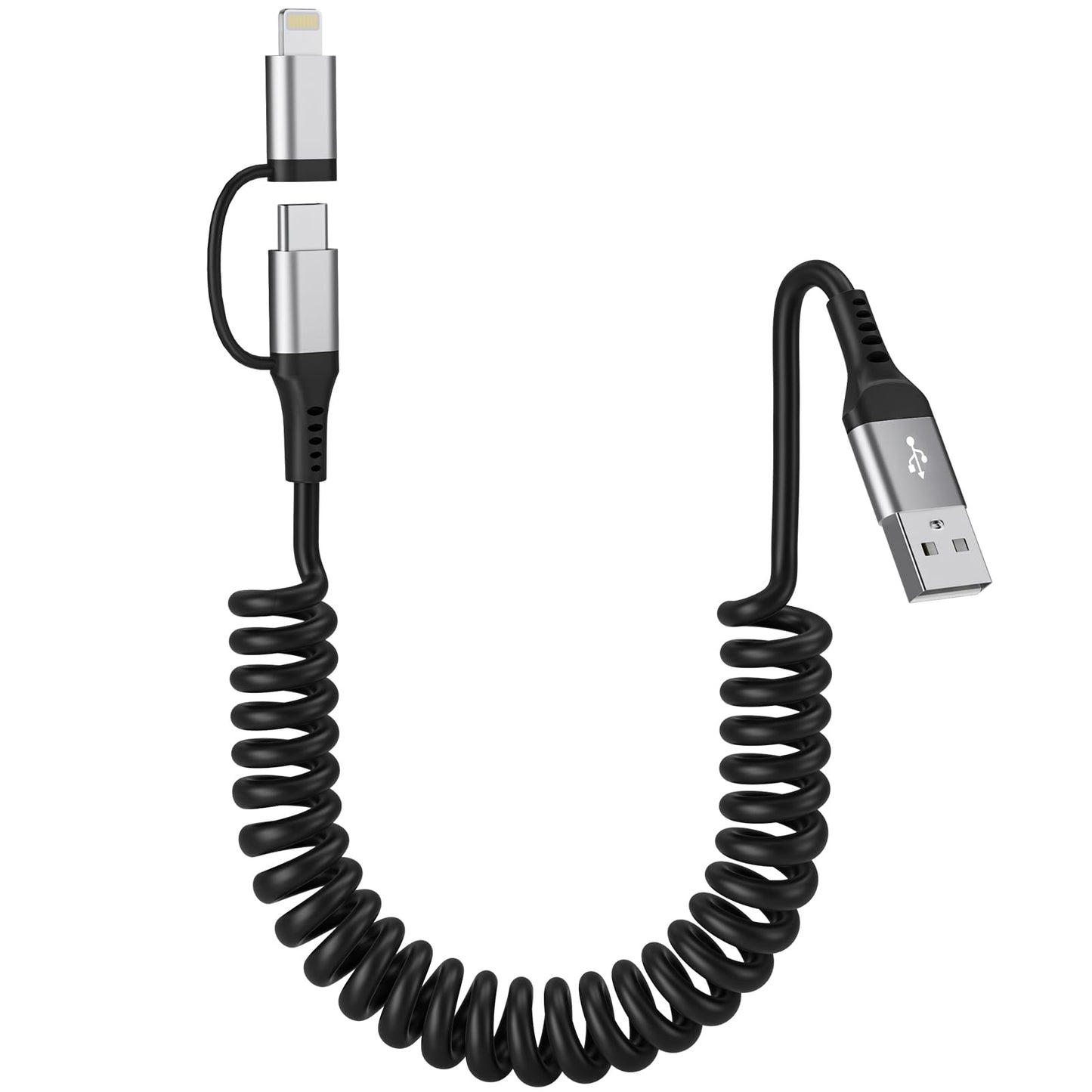 USB to USB-C and Lightning Cable Combo, 2 in 1 Coiled iPhone Charger Cable Apple Carplay & Android Auto, [MFi & 3A Fast Charge] Retractable Lightning…