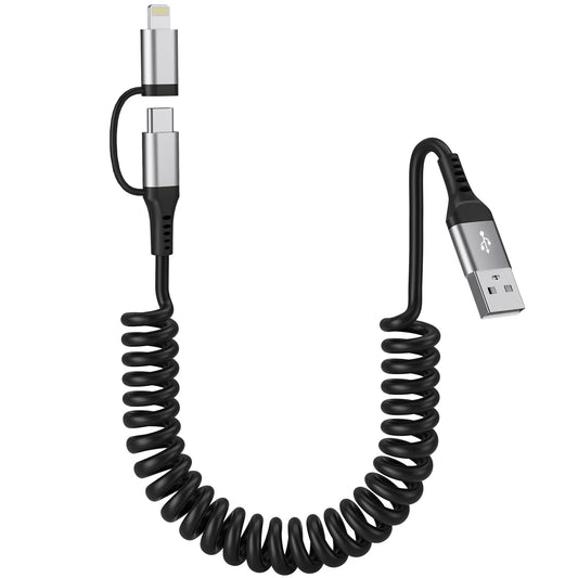USB to USB-C and Lightning Cable Combo, 2 in 1 Coiled iPhone Charger Cable Apple Carplay & Android Auto, [MFi & 3A Fast Charge] Retractable Lightning…