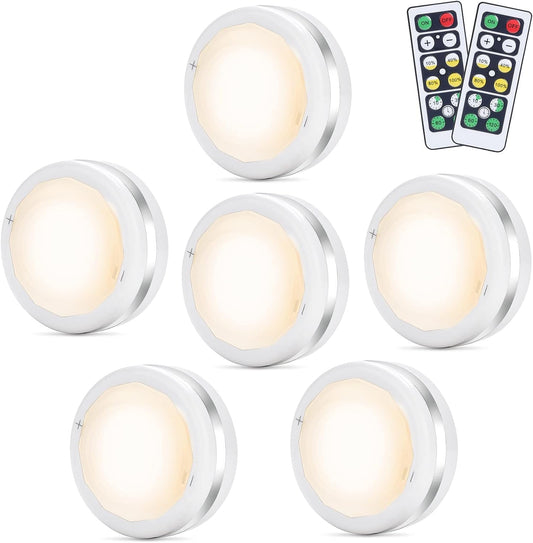 Bawoo LED Puck Lights 6 Pack, Remote Control, Warm White Brightness Dimmable Battery Powered Touch Closet Cupboard Kitchen Wardrobe Lights
