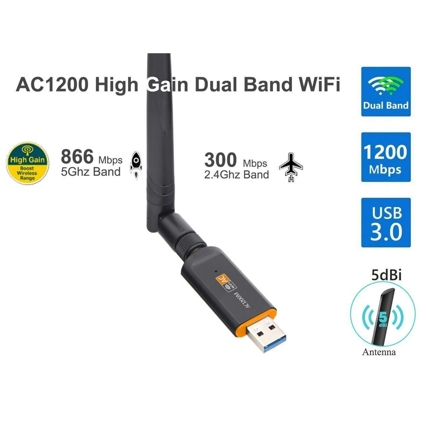USB WiFi Adapter for Desktop PC, AC1200Mbps USB 3.0 WiFi Dual Band Network Adapter with 2.4GHz/5GHz High Gain Antenna, MU-MIMO, Windows 10/8.1/8/7/XP