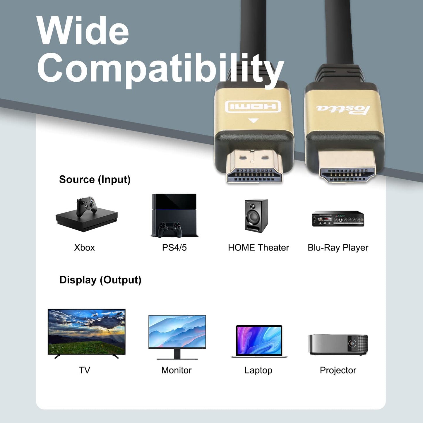 Postta HDMI Cable 75 Feet with Built-in Signal Booster HDMI 2.0V Cable with 2 Piece Cable Ties+2 Piece HDMI Adapters Support 3D,1080P,Ethernet,Audio