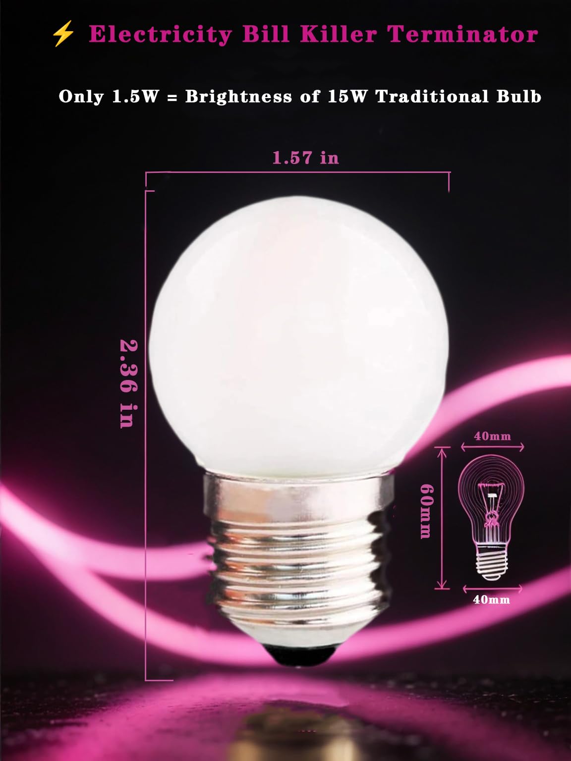 Kellarosses G40 LED Bulb 1.5W 150LM E26 2-Pack Small Bulb