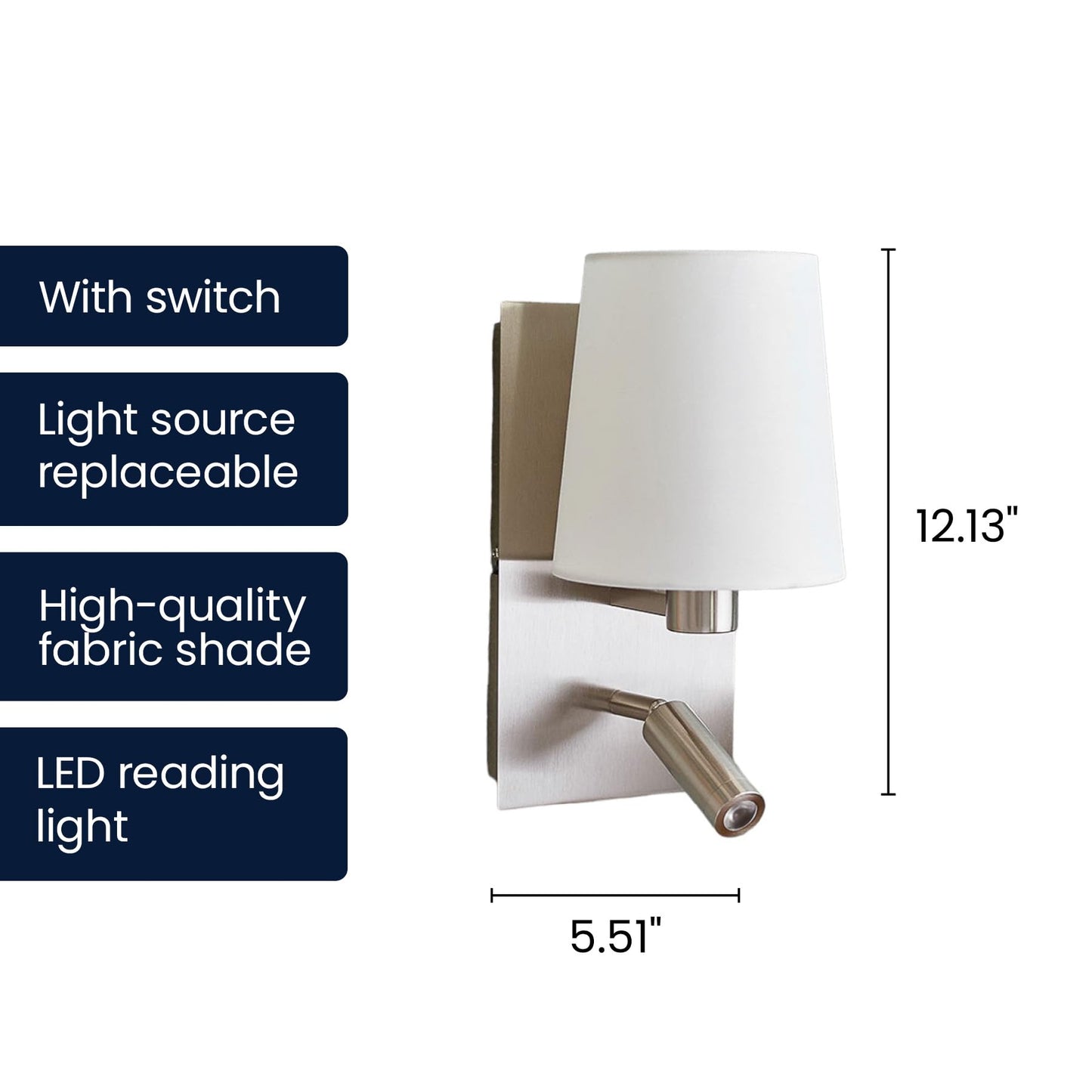 Lucande 12.1" Wall Sconce with Shade & Reading Light, White Fabric Wall Lamp for Bedroom, Silver Bedside Wall Light with LED Reading Light 3000K 205
