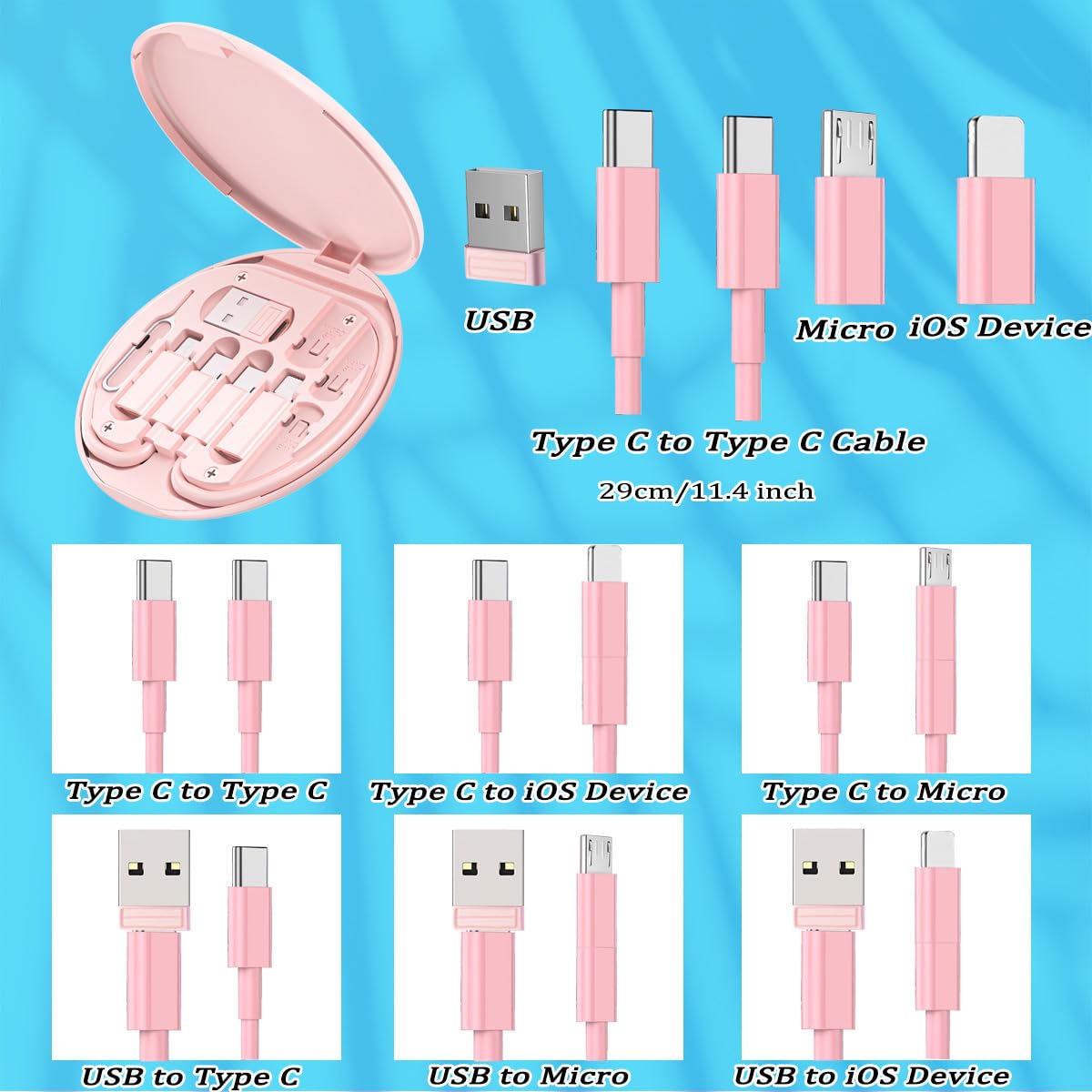 Multi USB Charging Adapter Cable Kit, USB C to iOS Device for Travel, Conversion Set USB A & Type C to Male Micro /Type C/iOS Device, Data Transfer
