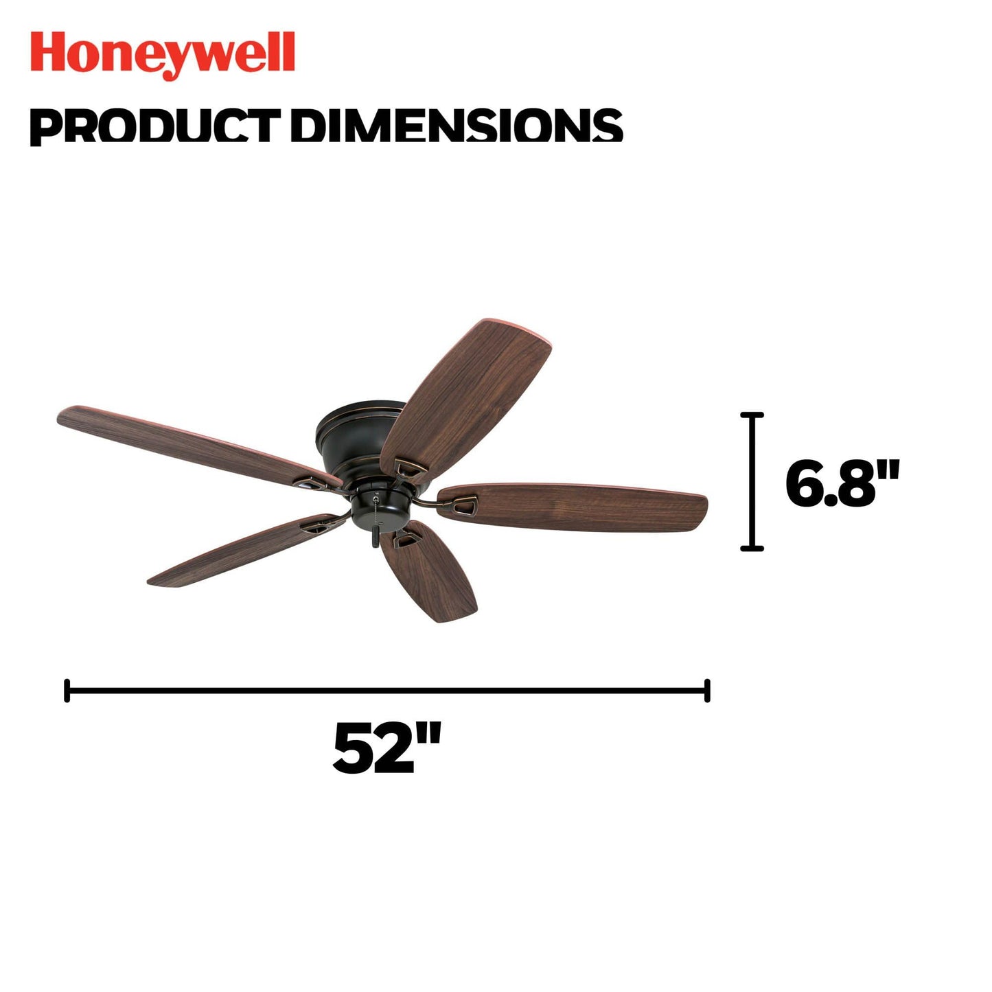 Honeywell Glen Alden 52 Inch Indoor Low Profile Ceiling Fan with Pull Chain Control, Quiet Motor, and 5 Reversible Blades, Oil Rubbed Bronze