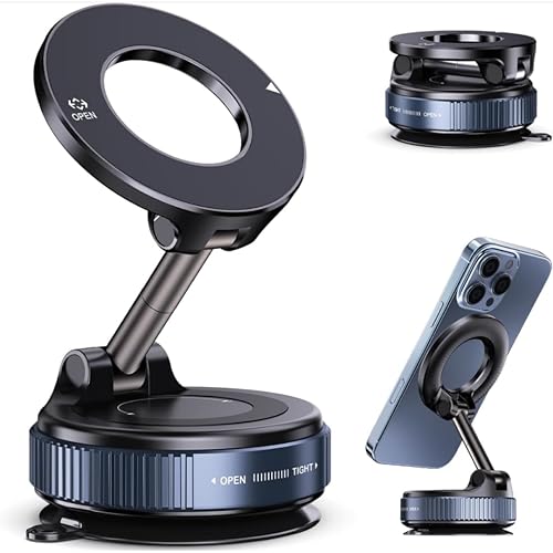 Car Phone Holder with Ultra Strong Vacuum Suction Cup - 360° Adjustable & Rotatable MagSafe Phone Mount for Car/Desk/Office/Gym/Mirror and Universal