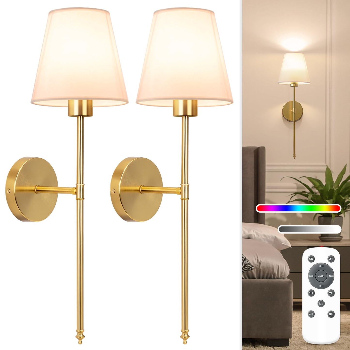 NIORSUN Battery Operated Wall Sconce Set of 2,Gold Rechargeable Wall Lights with 10400mAh Dimmable Bulbs and Remote,10 Colors Wireless Wall Lamps