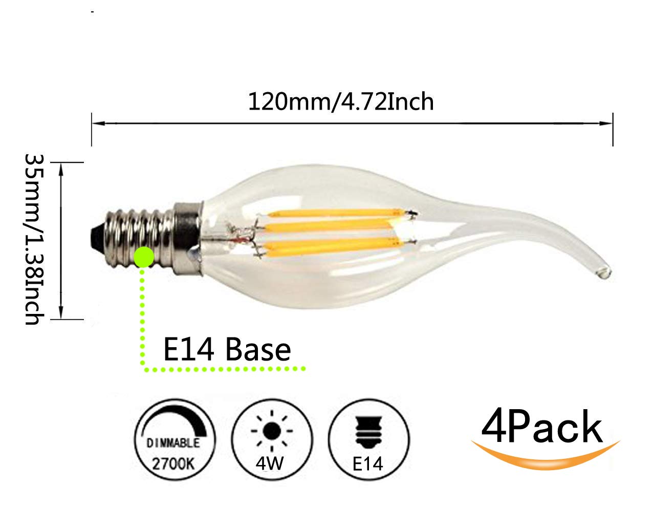 CTKcom 4W Dimmable LED Candelabra Bulb(4 Pack)- E14 Base Antique Candelabra Light Bulb 40W Equivalent Lamp, Warm White 2700K,C35 Flame Shape Bent Tip