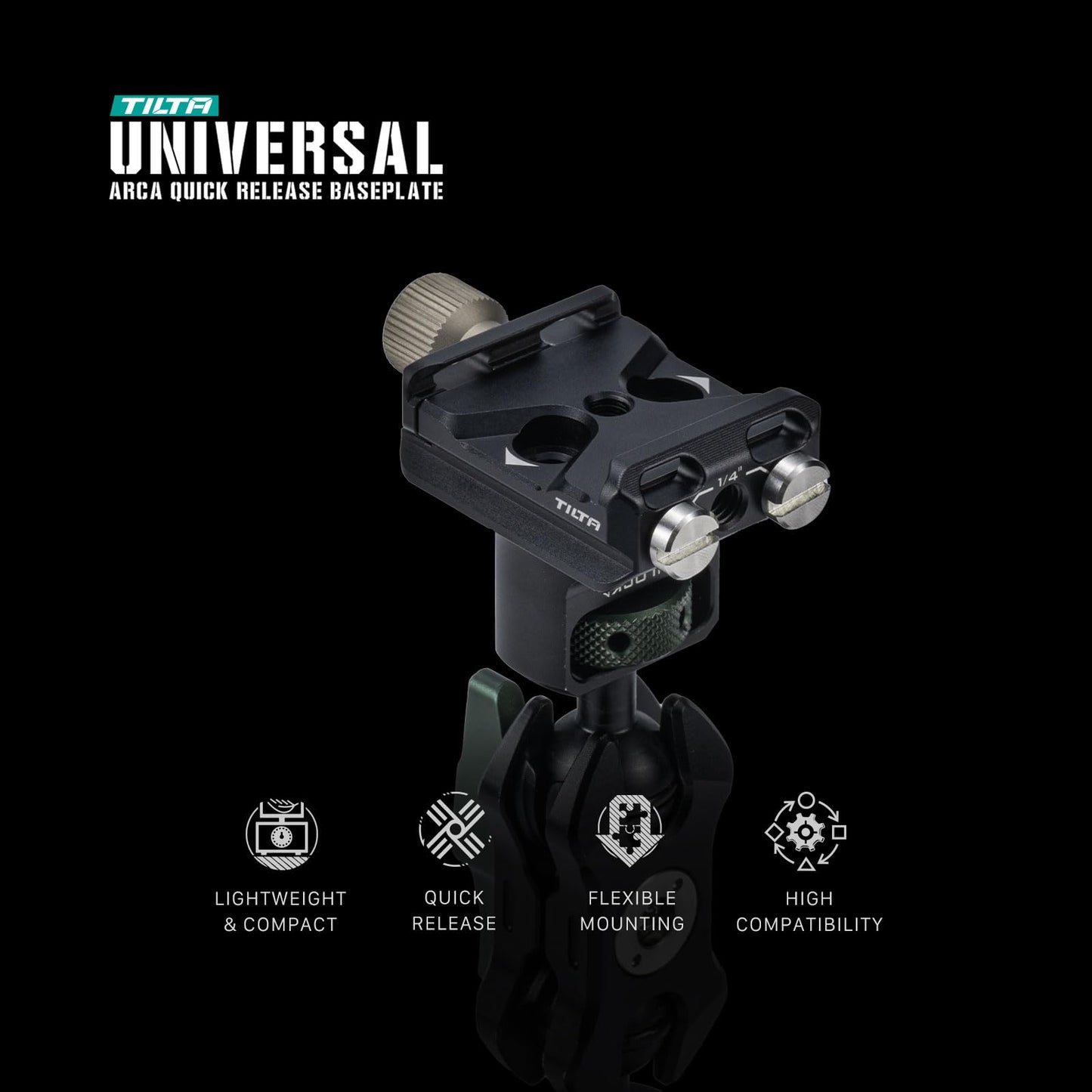 Tilta Universal ARCA Quick Release Baseplate | 1/4"-20 and 3/8"-16 Threads | Lightweight Aluminum Alloy Construction | Black | TA-UABP-B
