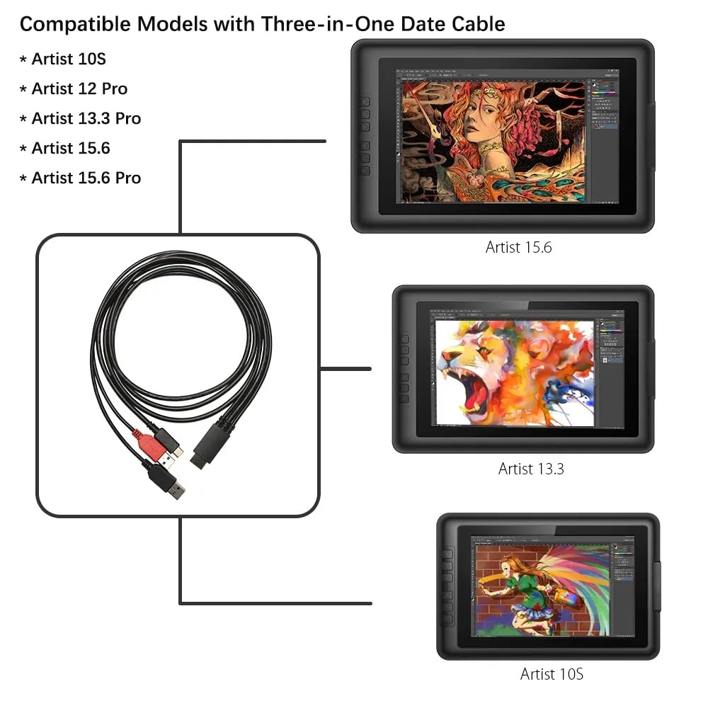 Spaseeba 3-in-1 Cable only Suitable for xppen Artist10S Artist12Pro Artist13.3Pro Artist15.6 Artist15.6Pro Drawing Pen Tablet
