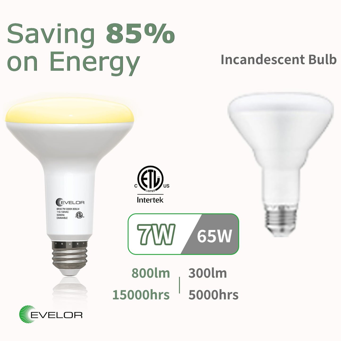 evelor 12 Pack BR30 Flood LED Light Bulbs 65W Equivalent, 7W Energy Efficient, Dimmable 800LM Bulbs 2700K Warm White, E26 Base for Recessed Cans