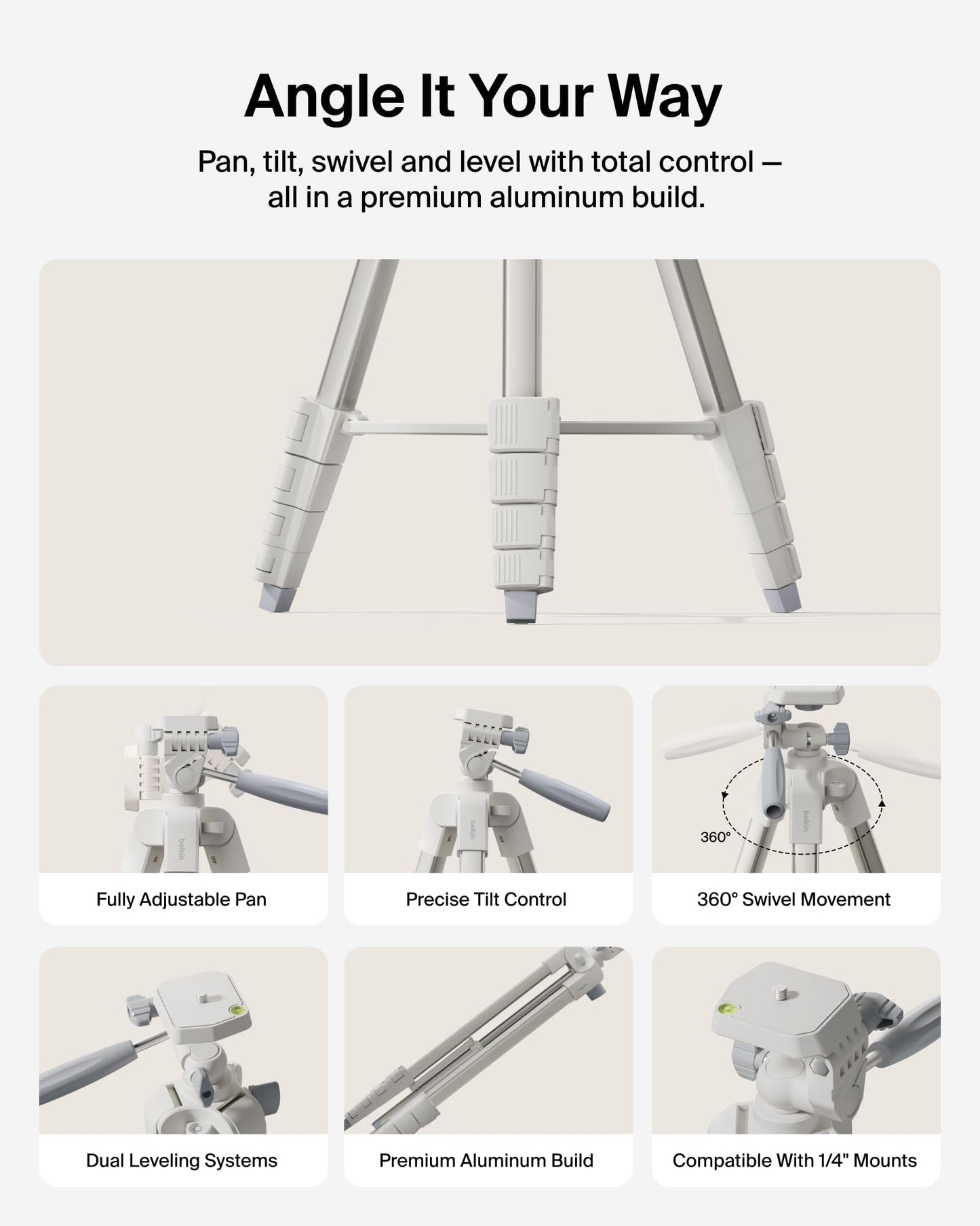 Belkin Stage Creator Tripod Stand, 5.5ft Adjustable Phone & Camera Tripod for Photo, Video, Vlogging, YouTube, Streaming - Lightweight w/ 1/4" Mount