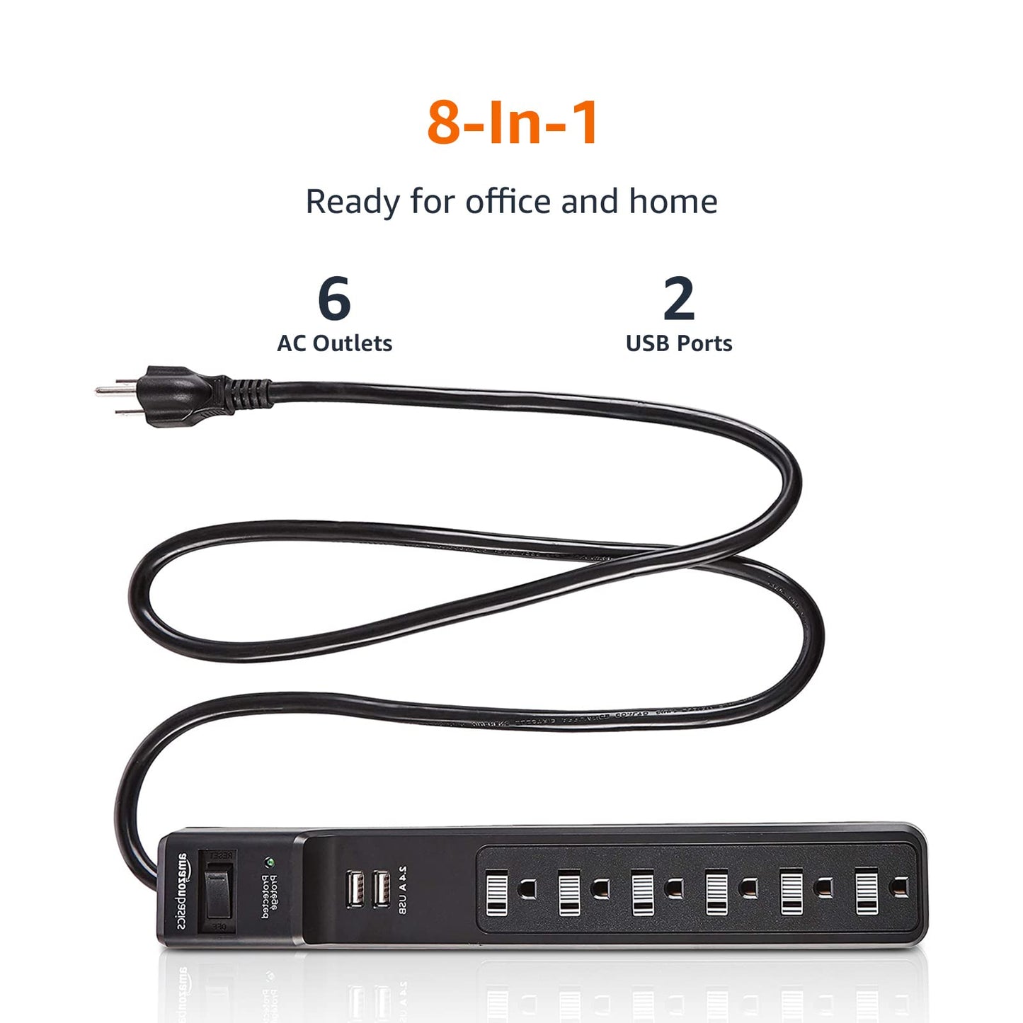Amazon Basics Surge Protector Power Strip with 6 Outlets, 2 USB Ports, 1000 Joule, 6-Foot Cord Length, Black