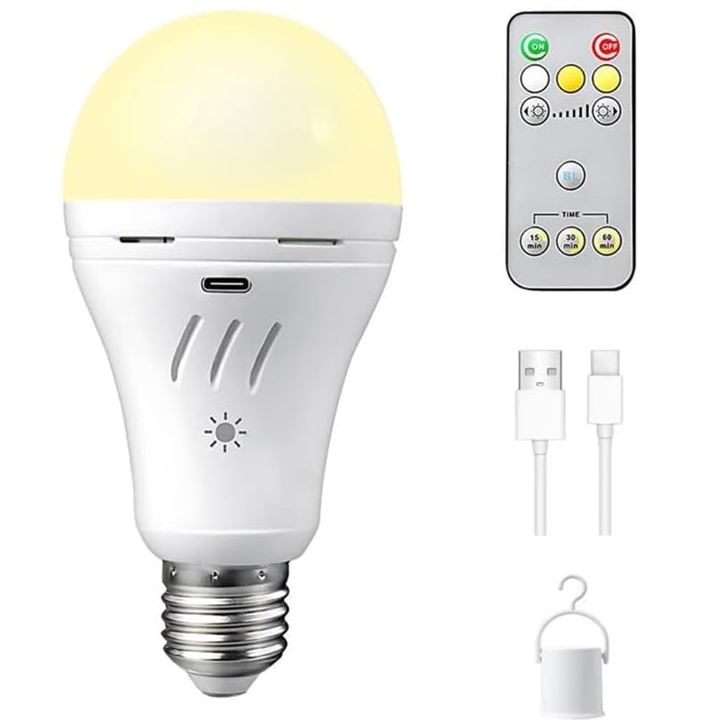 SiJiMingyue A19 Rechargeable Emergency Light Bulb with Remote, E26 USB Dual Charging, 3 Color Dimmable LED, Touch Hardwired Battery Powered Backup