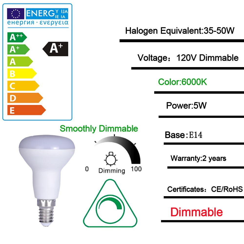 ukzboss R50 E14 Base 5W LED Bulb 6000K 120V Dimmable Replace 50W Reflector Incandescent Bulb (Cool White 6000K)