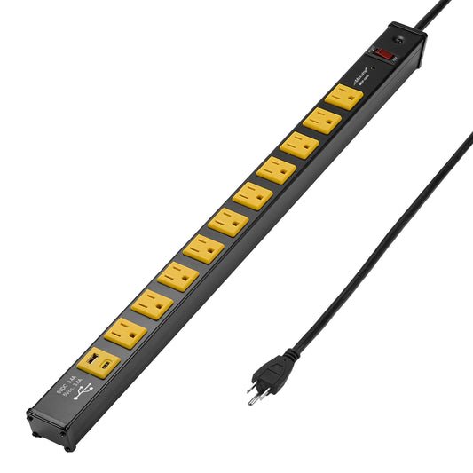 Maxxima 10 Outlet Heavy Duty Power Strip with USB Type-C/A Charging Ports, Surge Protected, 15A, Features Red On/Off Switch, 6 ft. Extension Cord