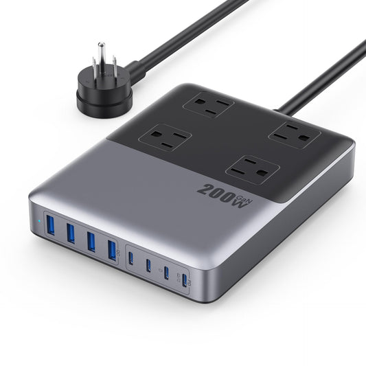 12-in-1 Charging Station USB C Power Strip with 5ft Cord and Plug,200W GaN IV USB C Charger Block,4 AC Outlets,8 USB for MacBook,iPhone 17/16/15,Fast