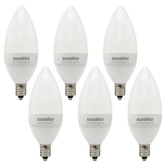 Sunlite LED B11 Frosted Chandelier CTF Light Bulb, 4.5 Watts (40W=), 300 Lumens, 120 Volts, Dimmable, Candelabra E12 Base, 90 CRI, ETL Listed, Torpedo