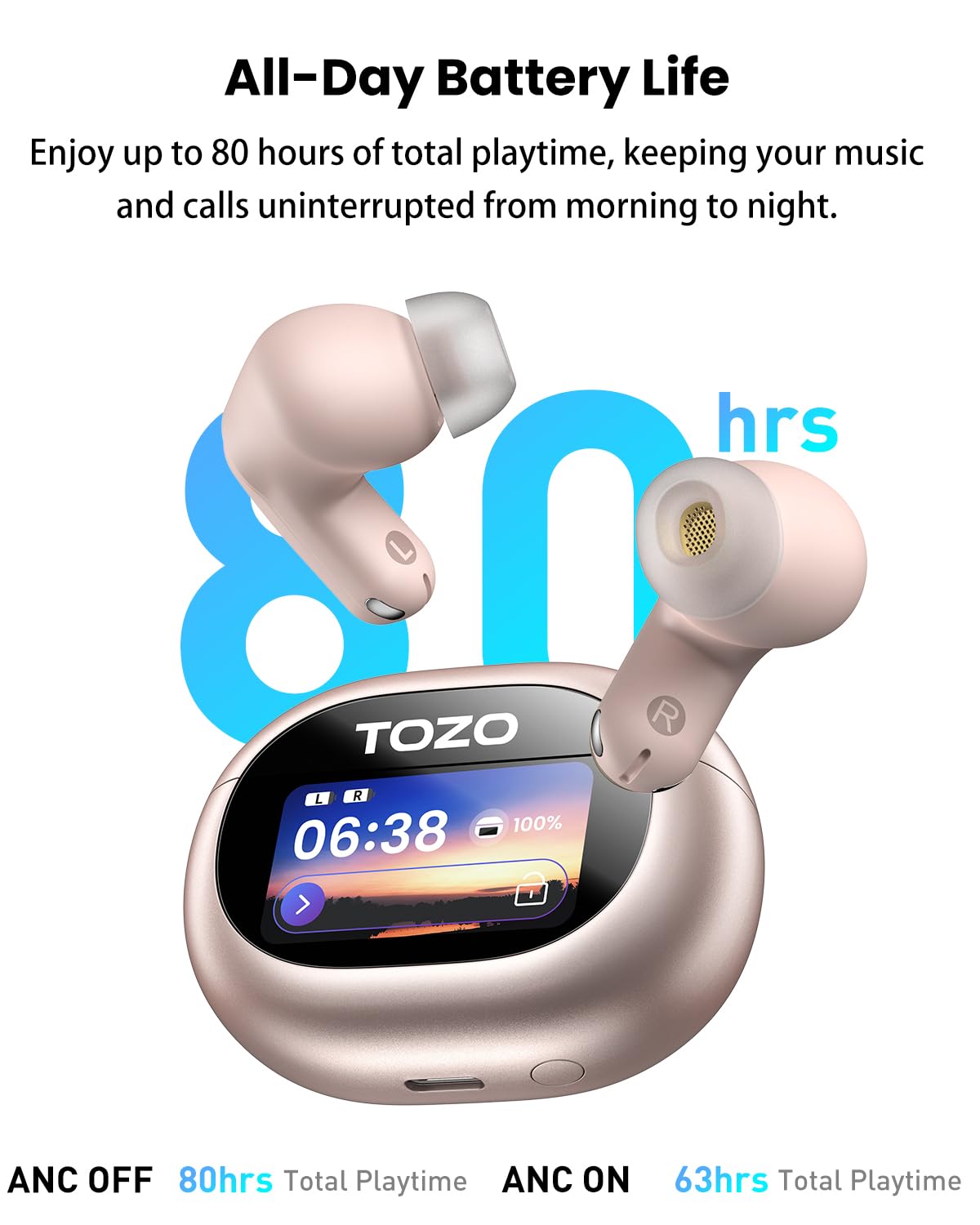 TOZO NC20 Pro Active Noise Cancelling Wireless Earbuds, Smart LCD Screen