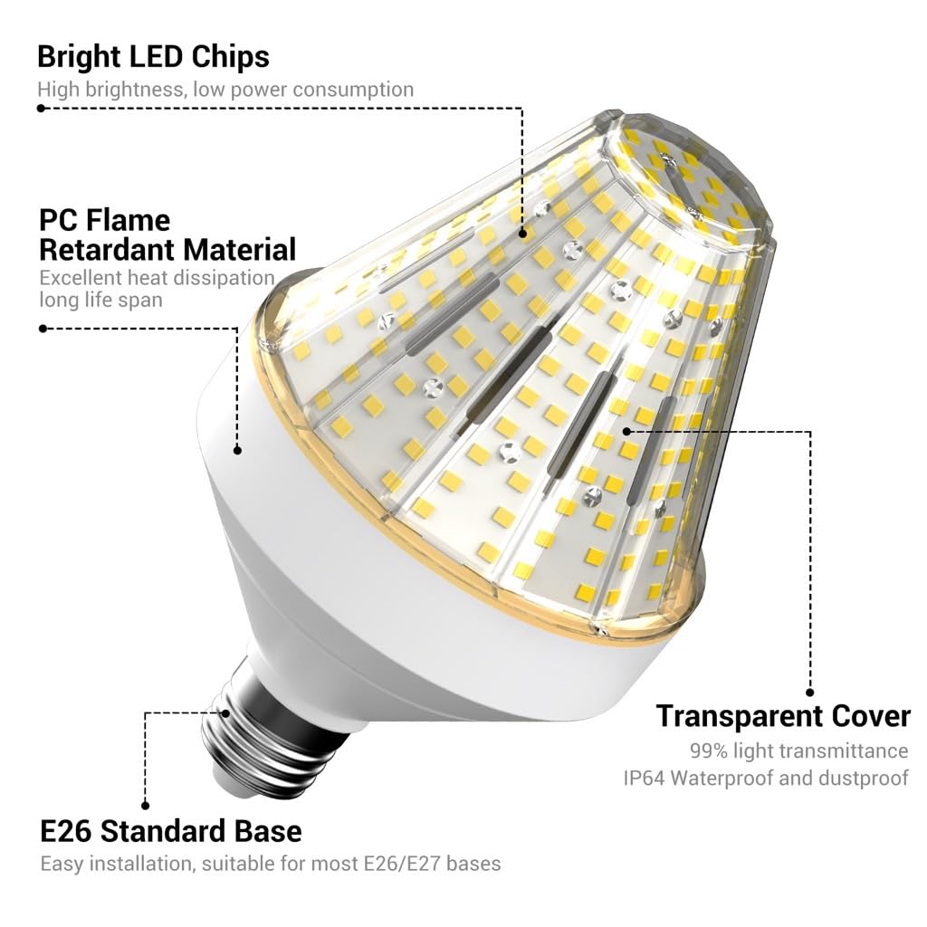 GT-Lite 5200 Lumen LED Corn Cob Light Bulb, 40-watt, 300-watt Equivalent, Daylight 5000K Light Color, E26 Base, Garage Light Bulb, Energy Saving LED