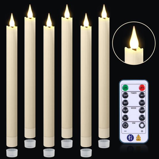 yunsheng 11 Inches Flameless Taper Candles Flickering with Remote & Timer, Set of 6 Battery Operated LED Window Candles, Ivory Plastic LED Candlestick