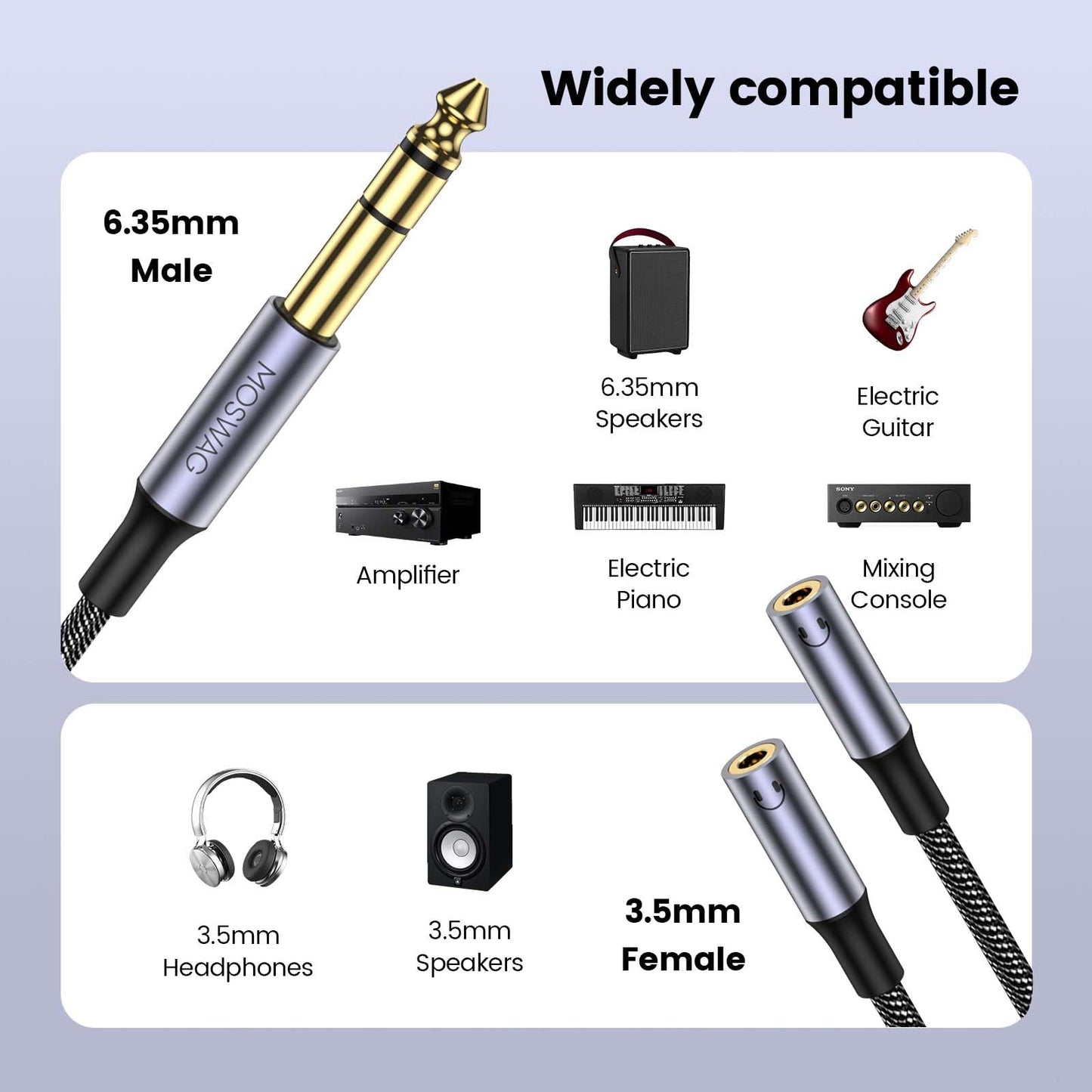 MOSWAG 1/4 inch TRS to Dual 1/8 Female Y Cable, 6.35mm to Dual 3.5mm Female Y Splitter Cable, 1/4 Inch to Dual 1/8 Inch Headphone Adapter Compatible
