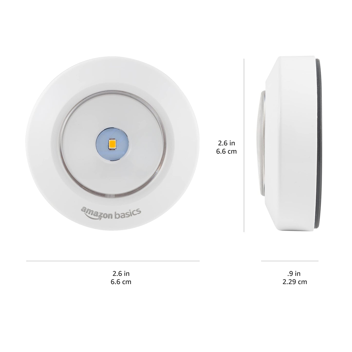 Amazon Basics LED Puck Lights, Battery Operated, 50 Lumens, Under Cabinet Lighting, Easy to Install, Easy to Use, Adhesive Backing, 2-Pack, White