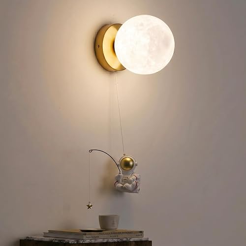 COSYLUX Cute Moon & Astronaut Wall Sconce - Modern Cordless 3D Printed Wall Light for Kids Room, Bedroom, Living Room with Brass Mount | 5.9" Moon