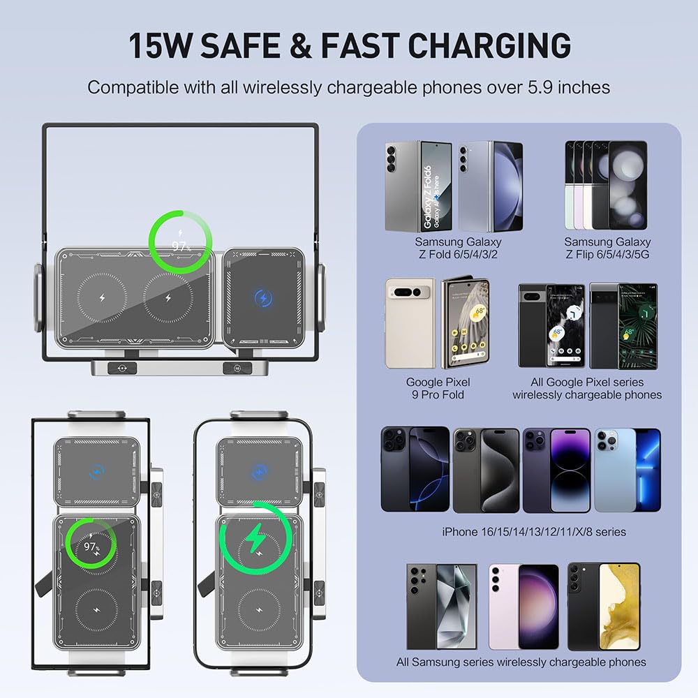 Famous Tech Shop Wireless Car Charger Mount 15W Fast Charging Phone Holder with Auto Rotation, Dual Mount Dashboard and Windshield Car Phone Holder