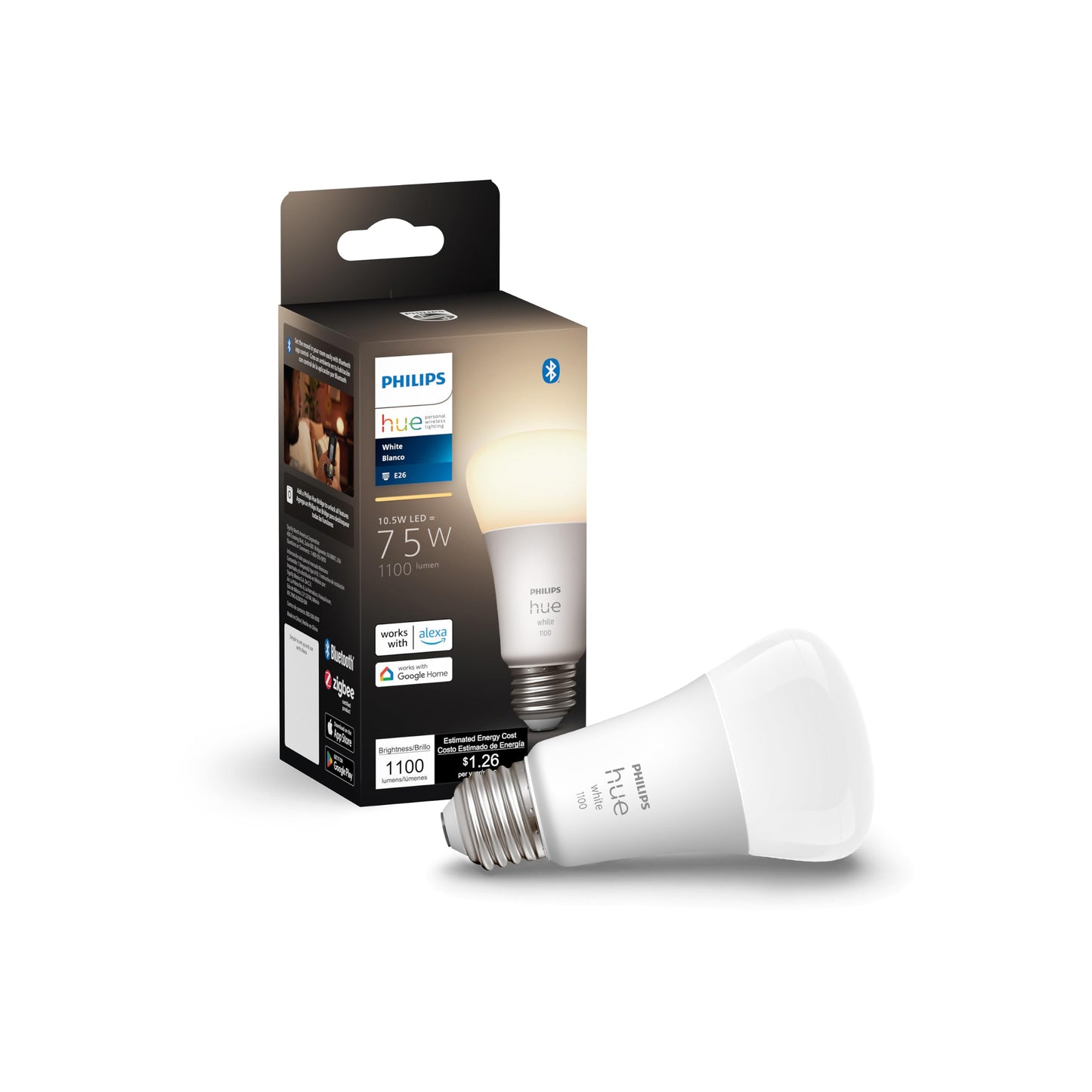 Philips Hue Smart 75W A19 LED Bulb - Soft Warm White Light - 1 Pack - 1100LM - E26 - Indoor - Control with Hue App - Works with Alexa, Google