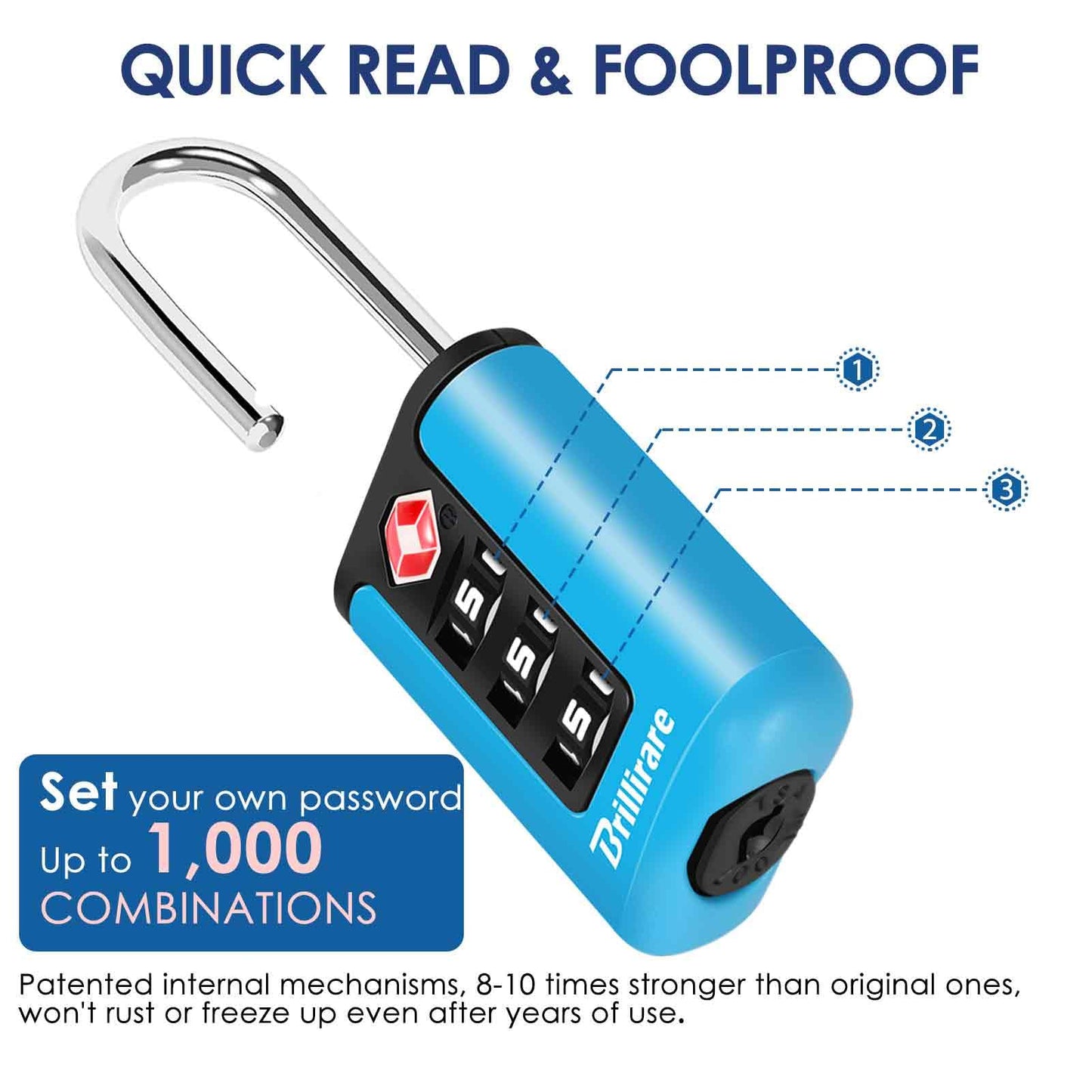 BRILLIRARE TSA Approved Luggage Locks 2 Pack – 3 Digit Waterproof Combination Padlocks, Resettable Travel Locks for Bags, Lockers & Gym (Blue)