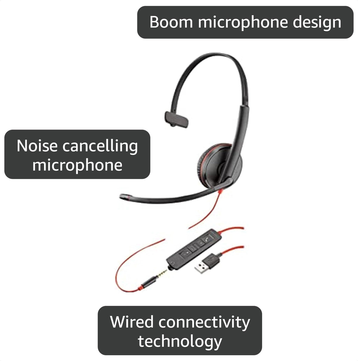 Plantronics Blackwire C3215 Headset - Mono - Black - USB Type A, Mini-Phone - Wired - 20 Hz - 20 kHz - Over-The-Head - Monaural - Supra-aural - Noise