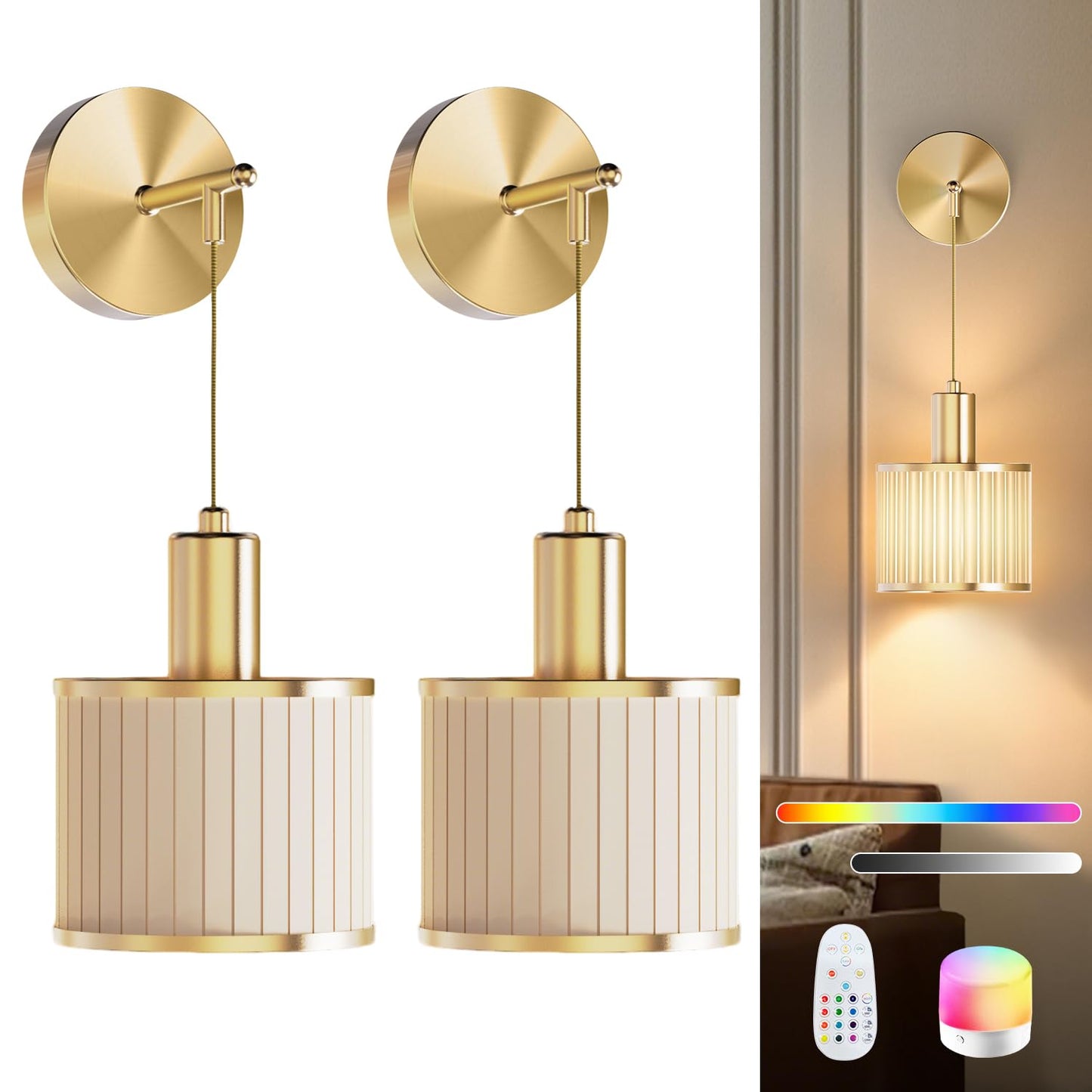 SAIMAND Battery Operated Wall Sconce Set of 2, Wireless Rechargeable Wall Lights with Remote Control, 9 Colors Dimmable LED Lamps, Modern Cordless