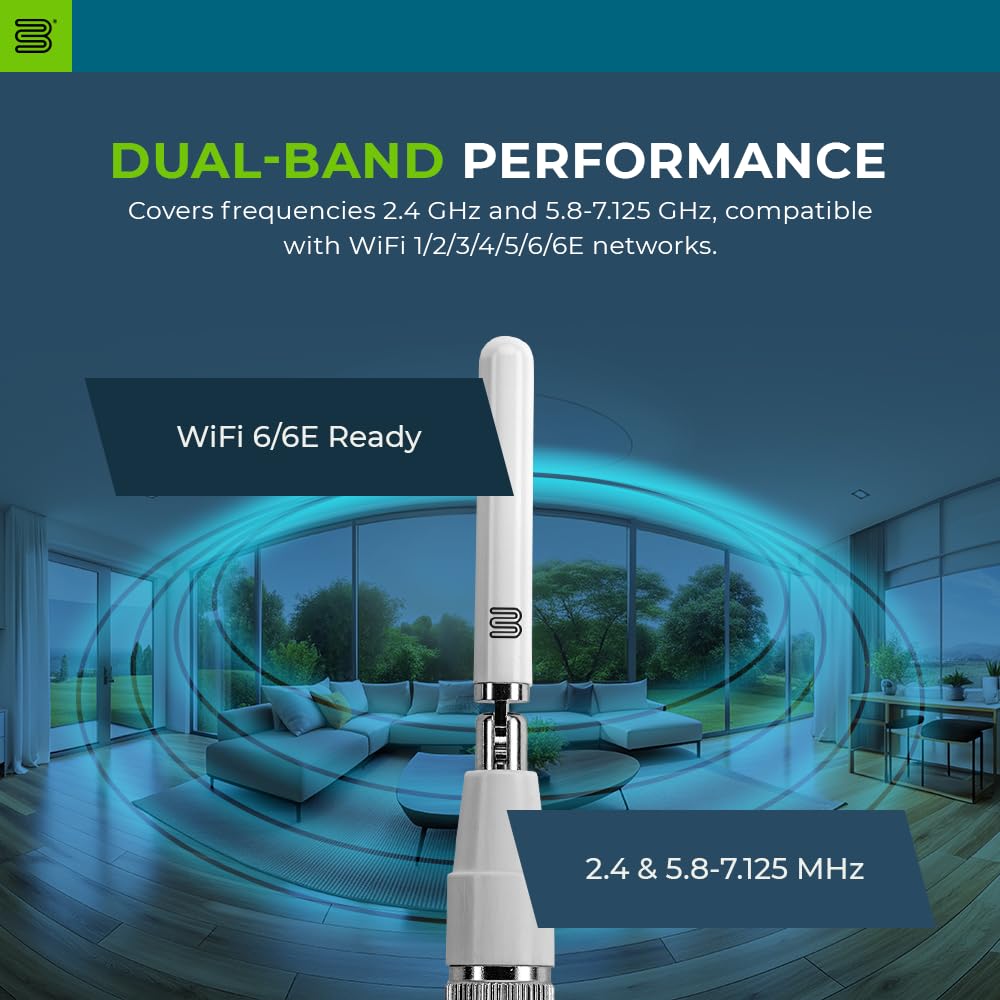 Bolton Dart WiFi Antenna 2-Pack | Monopole | Dual-Band 2.4/5.8-7.125 GHz | RP-SMA M Connector | Omnidirectional | Compact, Rotatable, Hinged Design |
