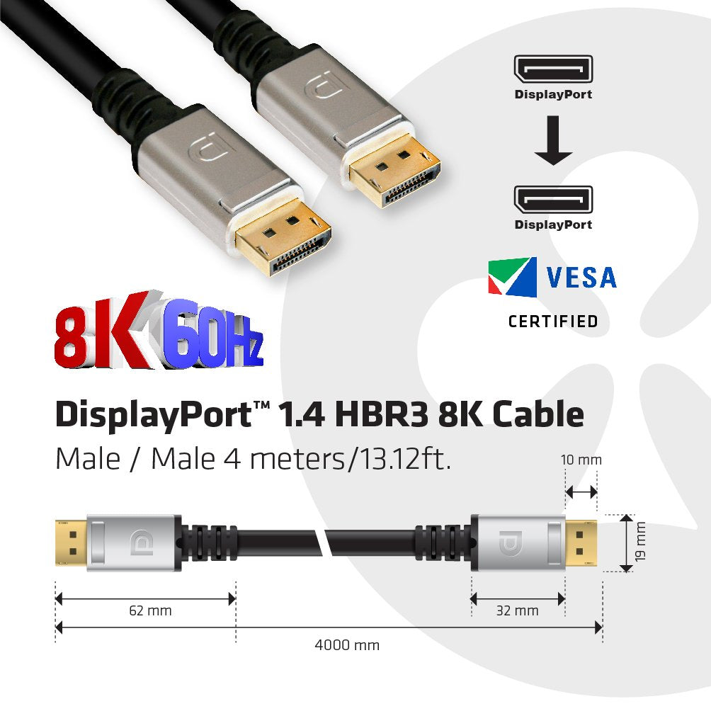 Club3D CAC-1069 VESA Certified DisplayPort to DisplayPort 1.4/Hbr3 M/M Cable DP 1.4 8K 60Hz 4m- 13,12ft